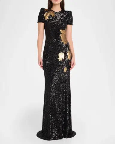 Naeem Khan Short-Sleeve Sequined Flower Applique Gown | Thumbnail 2 Naeem Khan Short-Sleeve Sequined Flower Applique Gown | Thumbnail 2
