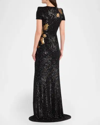 Naeem Khan Short-Sleeve Sequined Flower Applique Gown | Thumbnail 3 Naeem Khan Short-Sleeve Sequined Flower Applique Gown | Thumbnail 3