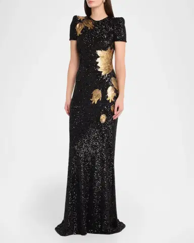 Naeem Khan Short-Sleeve Sequined Flower Applique Gown | Thumbnail 4 Naeem Khan Short-Sleeve Sequined Flower Applique Gown | Thumbnail 4