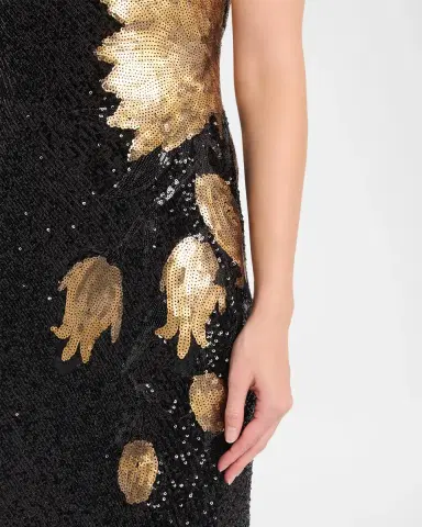Naeem Khan Short-Sleeve Sequined Flower Applique Gown | Thumbnail 5 Naeem Khan Short-Sleeve Sequined Flower Applique Gown | Thumbnail 5