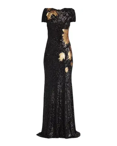 Naeem Khan Short-Sleeve Sequined Flower Applique Gown | Thumbnail 1 Naeem Khan Short-Sleeve Sequined Flower Applique Gown | Thumbnail 1