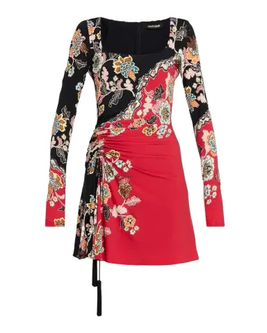 Roberto Cavalli Ruched Long-Sleeve Floral Mini Dress | Thumbnail 1 Roberto Cavalli Ruched Long-Sleeve Floral Mini Dress | Thumbnail 1