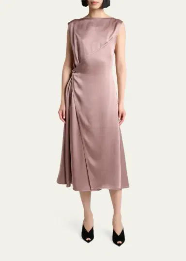 Lanvin Sleeveless Satin Butttoned Wrap Midi Dress | Thumbnail 2 Lanvin Sleeveless Satin Butttoned Wrap Midi Dress | Thumbnail 2