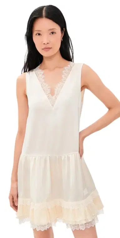 Ganni Fluid Satin V Neck Lace Mini Dress | Thumbnail 1 Ganni Fluid Satin V Neck Lace Mini Dress | Thumbnail 1