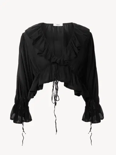 Chloé Cropped V-neck ruffle top in silk georgette & lace | Thumbnail 1 Chloé Cropped V-neck ruffle top in silk georgette & lace | Thumbnail 1