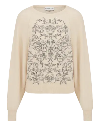 Dior Ecru Cashmere Knit with Black Dioresque Butterfly Motif Embroidered Sweater | Thumbnail 1 Dior Ecru Cashmere Knit with Black Dioresque Butterfly Motif Embroidered Sweater | Thumbnail 1