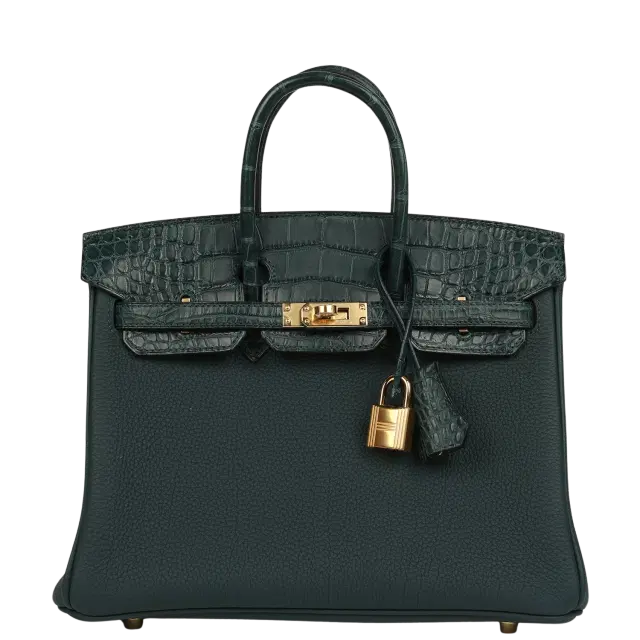 Hermes Birkin 25 Vert Cypress Togo and Matte Alligator Touch Gold Hardware Hermes Birkin 25 Vert Cypress Togo and Matte Alligator Touch Gold Hardware