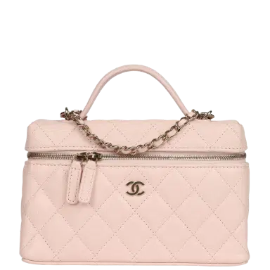 Chanel Chanel Top Handle Long Vanity Case with Chain Light Pink Shiny Caviar Light Gold Hardware | Thumbnail 1 Chanel Chanel Top Handle Long Vanity Case with Chain Light Pink Shiny Caviar Light Gold Hardware | Thumbnail 1