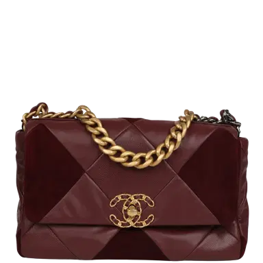 Chanel Chanel Medium 19 Flap Bag Burgundy Suede, Shiny Lambskin and Caviar Mixed Metal Hardware | Thumbnail 1 Chanel Chanel Medium 19 Flap Bag Burgundy Suede, Shiny Lambskin and Caviar Mixed Metal Hardware | Thumbnail 1