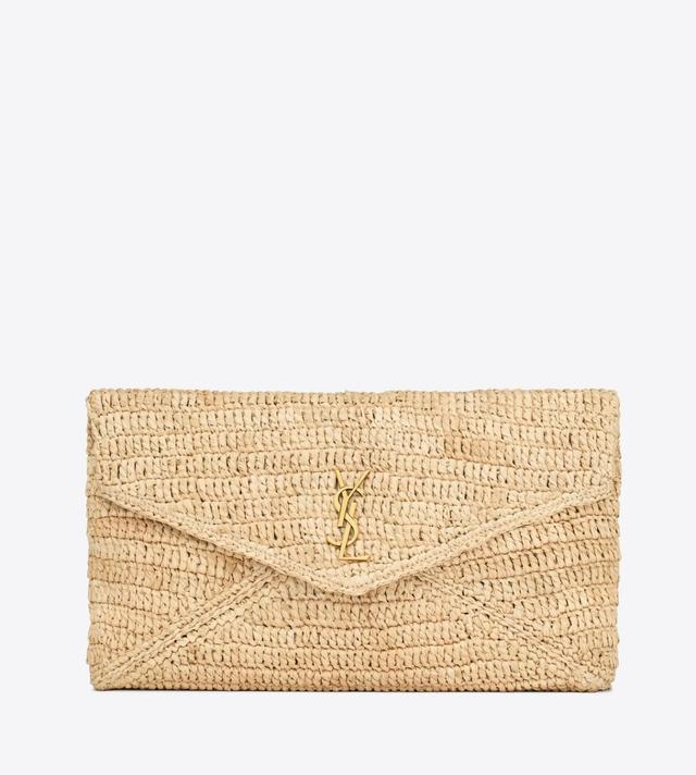 Large YSL Envelope Pouch Clutch Bag in Raffia & Leather