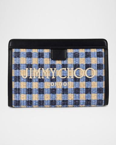 Jimmy Choo Riviera Capsule Avenue Logo Gingham Raffia Clutch | Thumbnail 1 Jimmy Choo Riviera Capsule Avenue Logo Gingham Raffia Clutch | Thumbnail 1