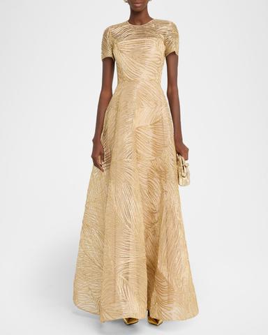 Naeem Khan Metallic Raffia Embroidered Short-Sleeve Gown | Thumbnail 2 Naeem Khan Metallic Raffia Embroidered Short-Sleeve Gown | Thumbnail 2
