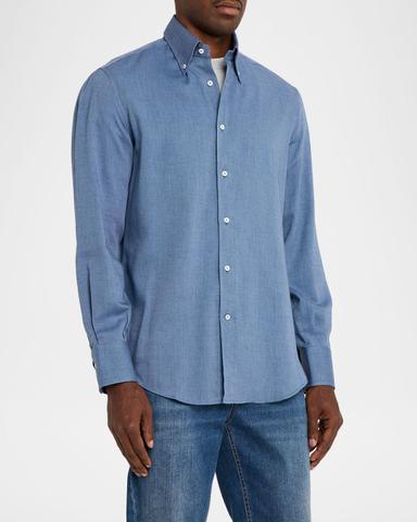 Brunello Cucinelli Men 's Cotton and Cashmere Diagonal Flannel Button-Down Shirt | Thumbnail 4 Brunello Cucinelli Men 's Cotton and Cashmere Diagonal Flannel Button-Down Shirt | Thumbnail 4