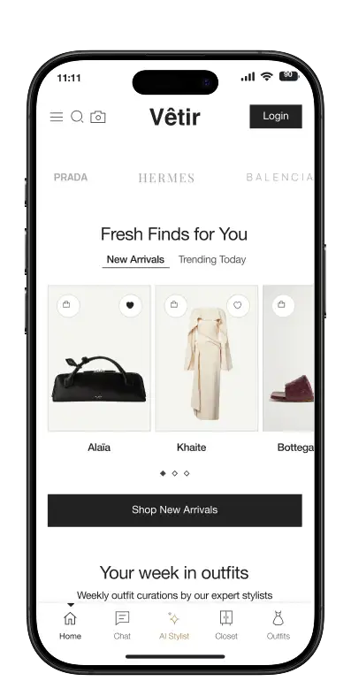 Vêtir AI Stylist app showing outfit curation and chat