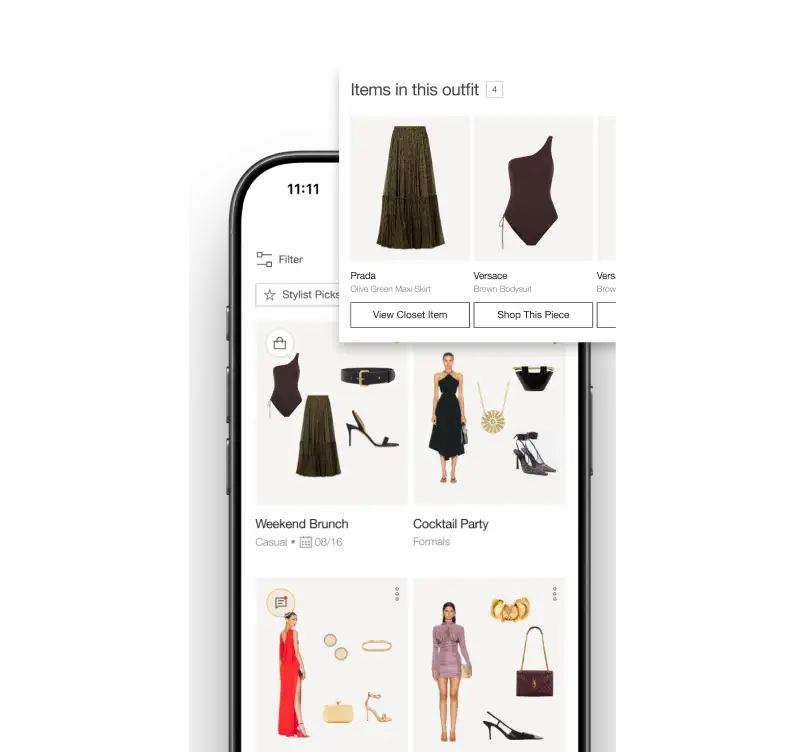 Vêtir AI Stylist app showing outfit curation and chat