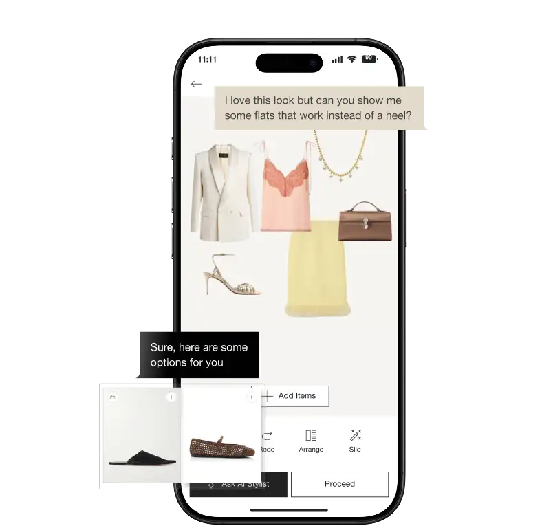 Vêtir AI Stylist app showing outfit curation and chat